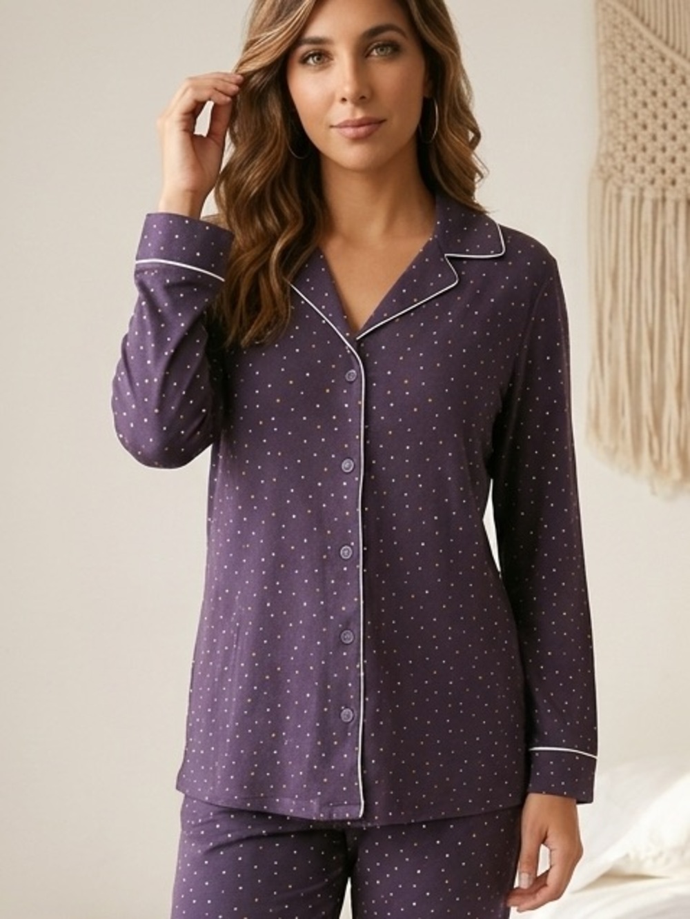 Soma Women’s XS Button Up Pajama Top Long Sleeve Purple Spotted Stretchy